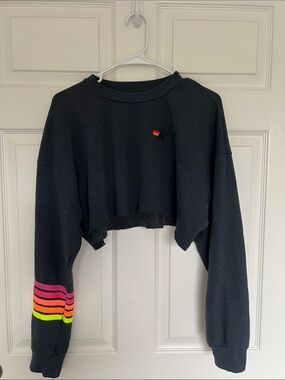 Aviator Nation Black Cropped Sweatshirt with Neon Sleeve Stripes